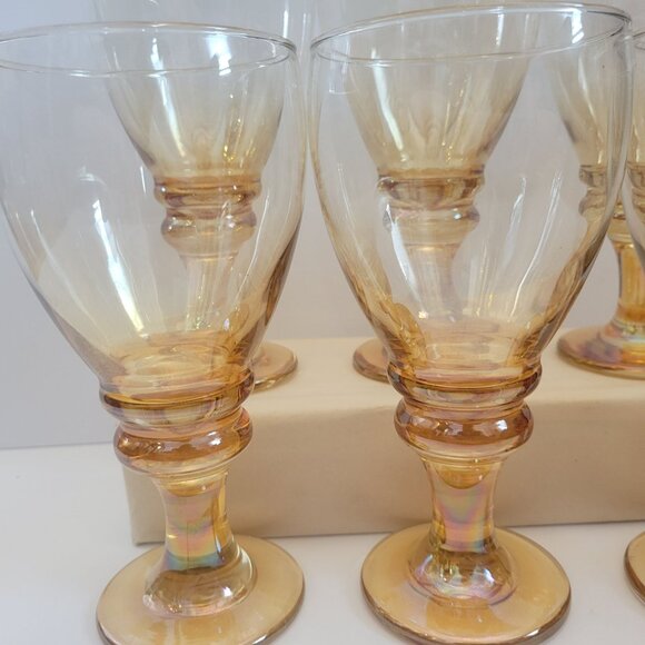 Set Of 6 Vintage Libbey Splash Amber Iridescent Glass Goblets With Ribbed Stem - Picture 4 of 8
